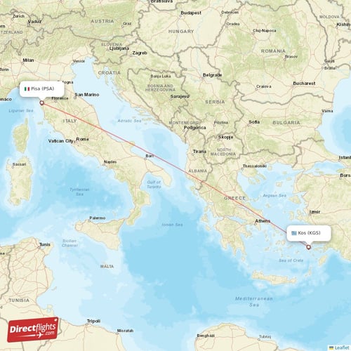 Kos - Pisa direct flight map