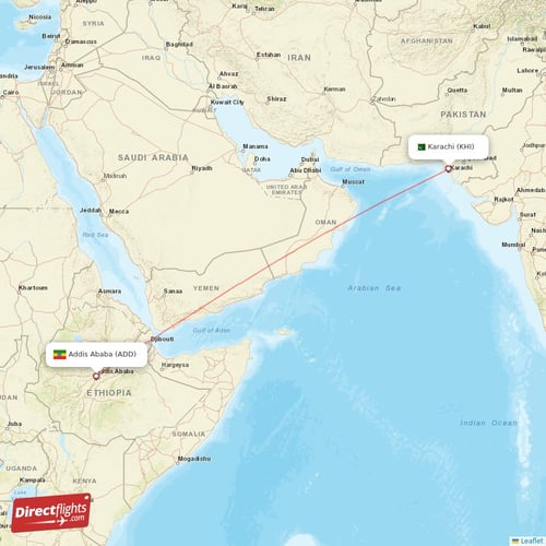 Karachi - Addis Ababa direct flight map