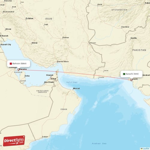 Karachi - Bahrain direct flight map