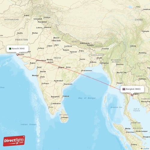 Karachi - Bangkok direct flight map