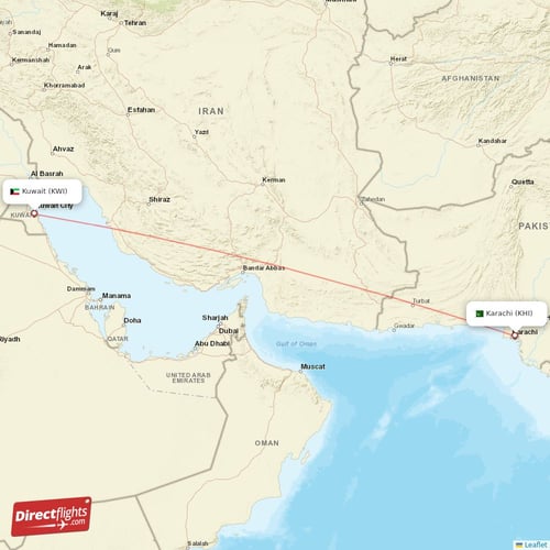 Karachi - Kuwait direct flight map