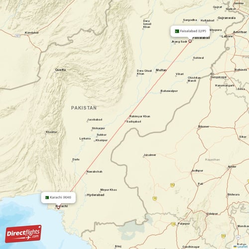 Karachi - Faisalabad direct flight map