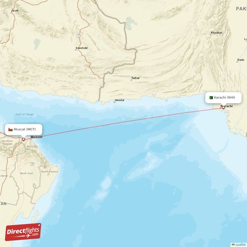 Karachi - Muscat direct flight map