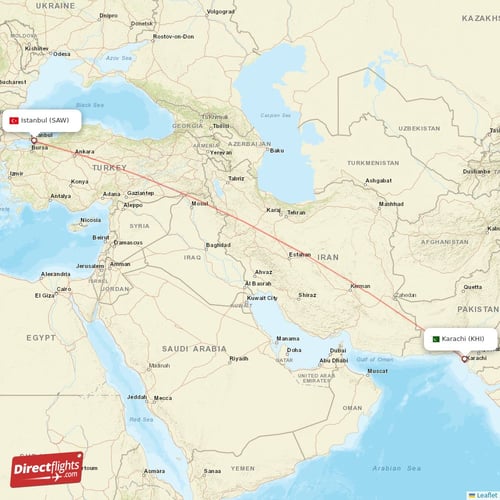 Karachi - Istanbul direct flight map