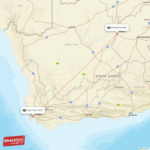 Kimberley - Cape Town direct flight map