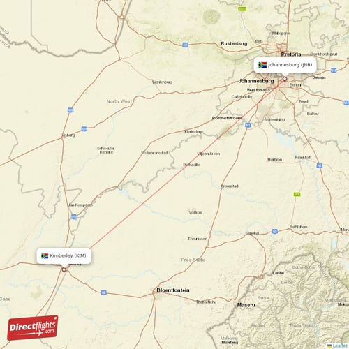 Kimberley - Johannesburg direct flight map