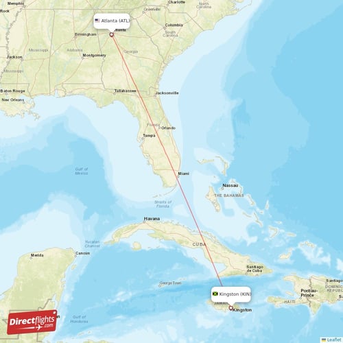 Kingston - Atlanta direct flight map