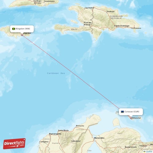 Kingston - Curacao direct flight map