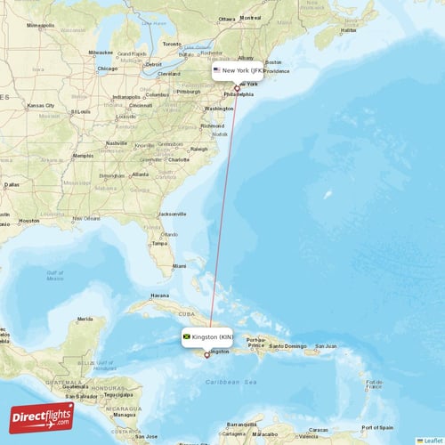 Kingston - New York direct flight map