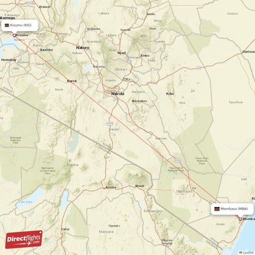 Kisumu - Mombasa direct flight map