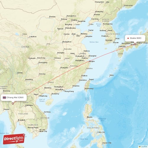 Osaka - Chiang Mai direct flight map