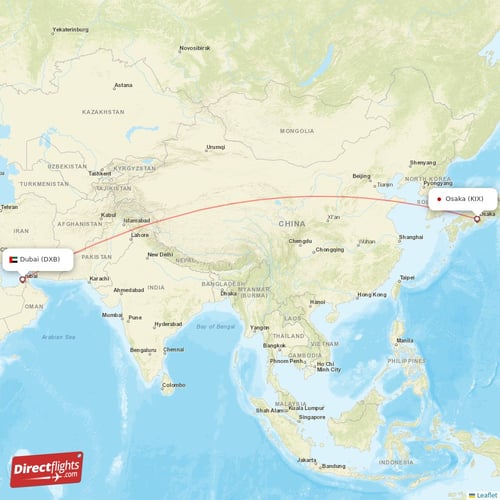 Osaka - Dubai direct flight map