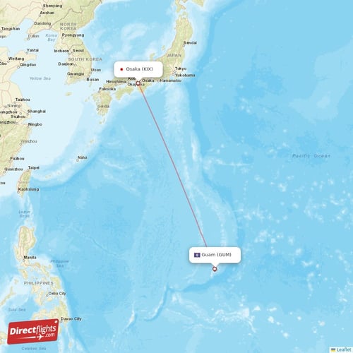 Osaka - Guam direct flight map