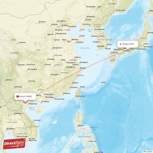 Osaka - Hanoi direct flight map