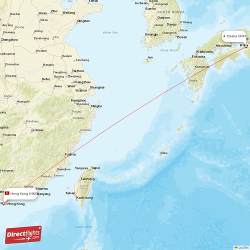 Osaka - Hong Kong direct flight map