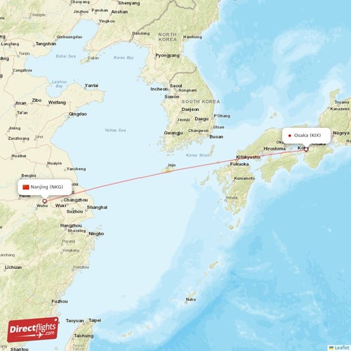 Osaka - Nanjing direct flight map