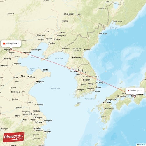 Osaka - Beijing direct flight map
