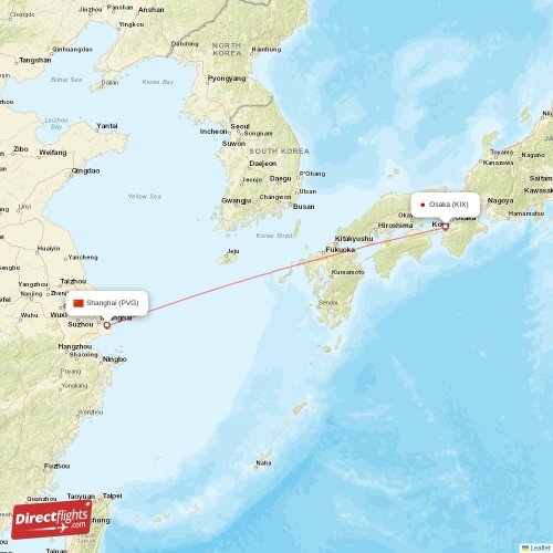 Osaka - Shanghai direct flight map