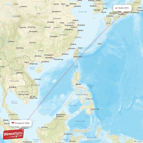 Osaka - Singapore direct flight map