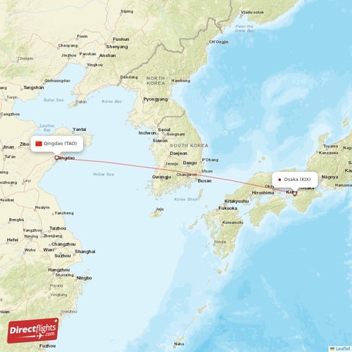 Osaka - Qingdao direct flight map
