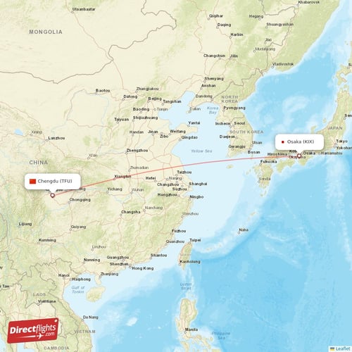 Osaka - Chengdu direct flight map