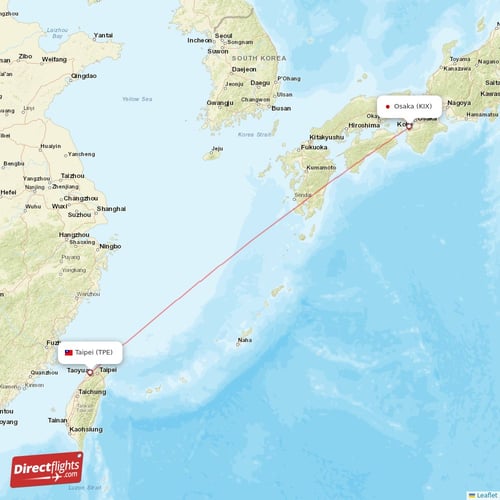 Osaka - Taipei direct flight map