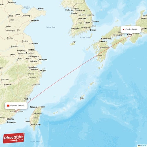 Osaka - Xiamen direct flight map
