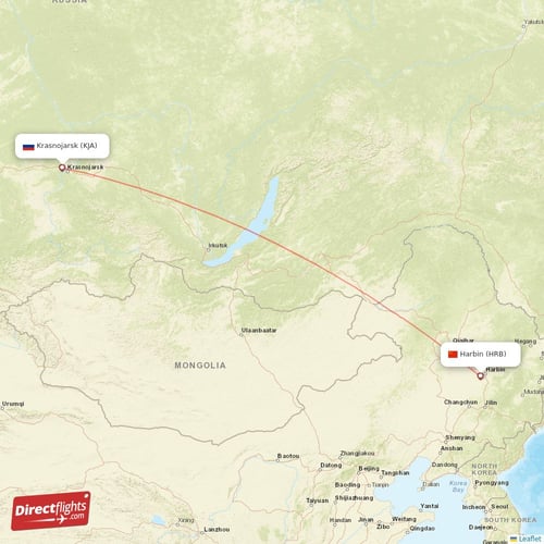 Krasnojarsk - Harbin direct flight map