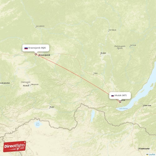 Krasnojarsk - Irkutsk direct flight map