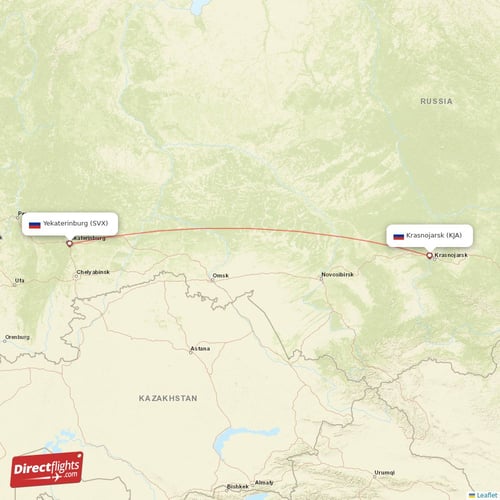 Krasnojarsk - Yekaterinburg direct flight map