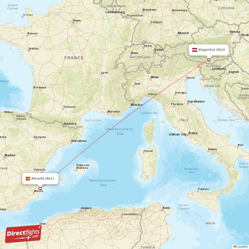 Klagenfurt - Alicante direct flight map