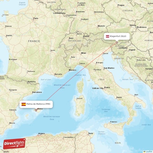 Klagenfurt - Palma de Mallorca direct flight map