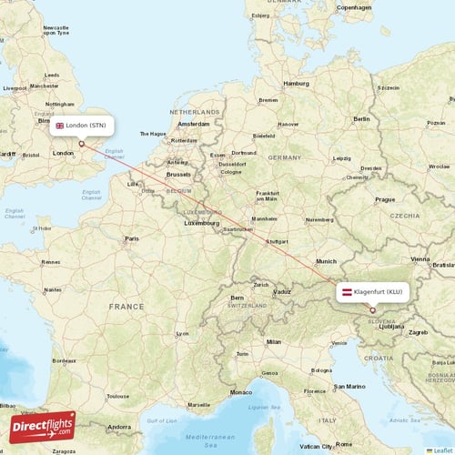 Klagenfurt - London direct flight map