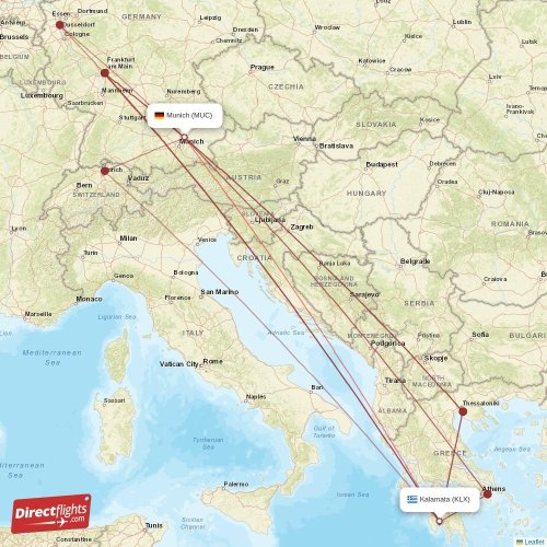 Kalamata - Munich direct flight map