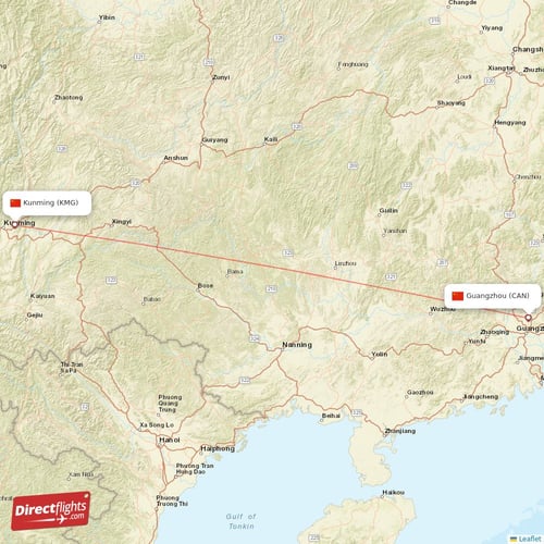Kunming - Guangzhou direct flight map