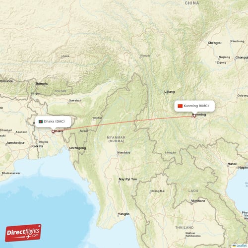 Kunming - Dhaka direct flight map