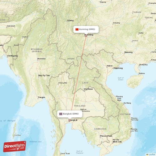Kunming - Bangkok direct flight map
