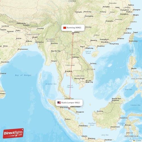Kunming - Kuala Lumpur direct flight map
