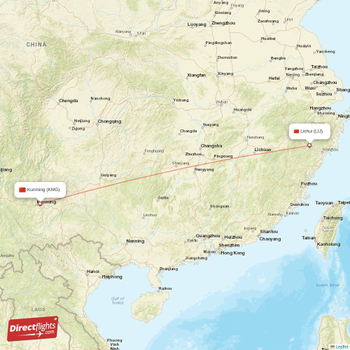 Kunming - Lishui direct flight map