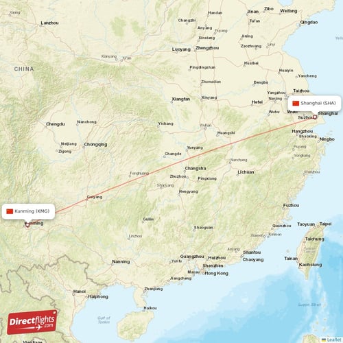 Kunming - Shanghai direct flight map