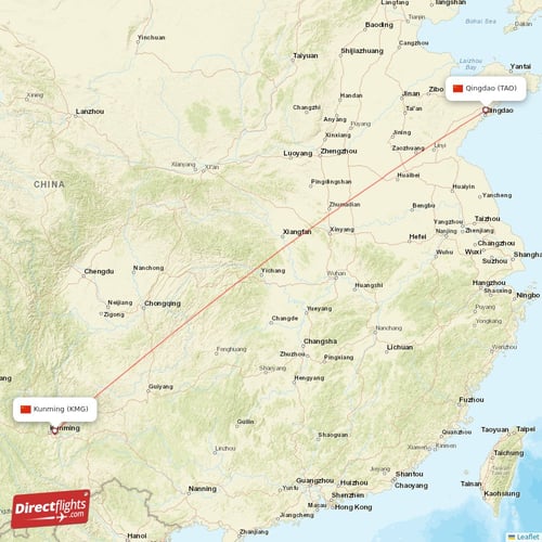 Kunming - Qingdao direct flight map