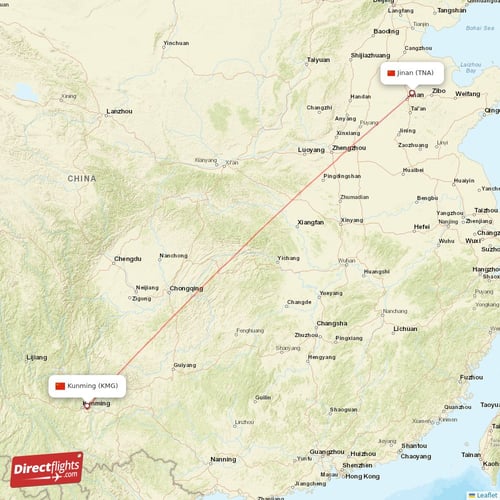 Kunming - Jinan direct flight map
