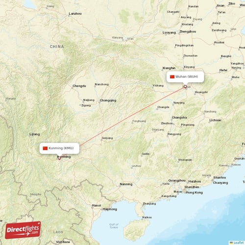 Kunming - Wuhan direct flight map
