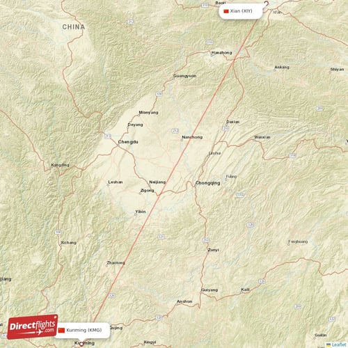 Kunming - Xian direct flight map
