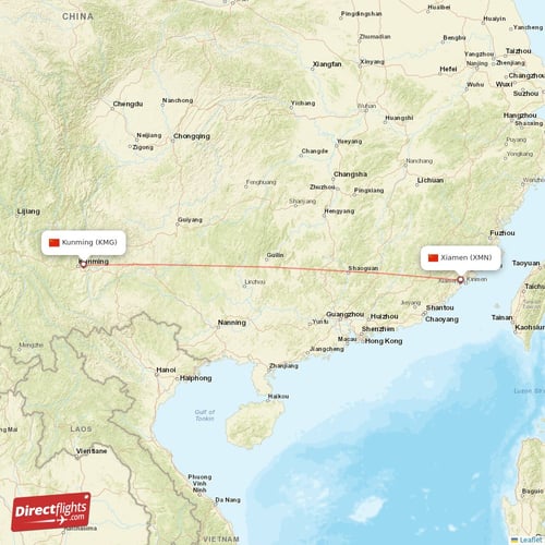 Kunming - Xiamen direct flight map