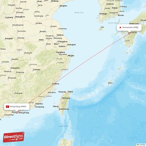 Kumamoto - Hong Kong direct flight map