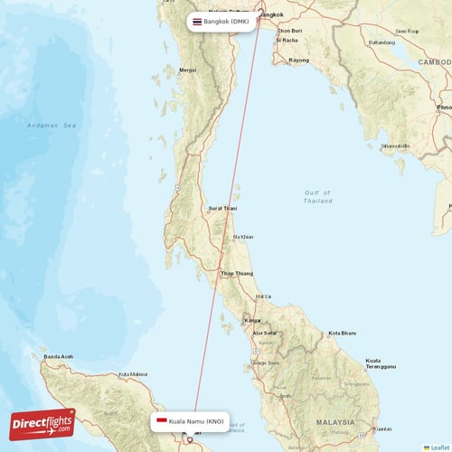 Kuala Namu - Bangkok direct flight map