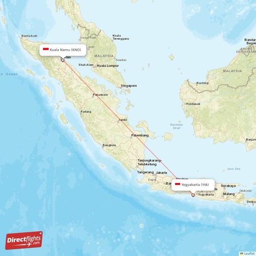 Kuala Namu - Yogyakarta direct flight map