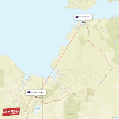 Kununurra - Darwin direct flight map