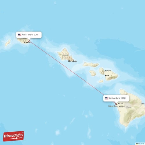 Kailua-Kona - Kauai Island direct flight map